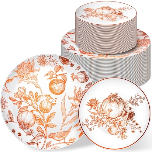 Disposable Plastic Plates Set with Pomegranate Design - 50 Pieces, Brown & Ivory, Party & Event Use (Variation: Pomegranate / Brown / 50)