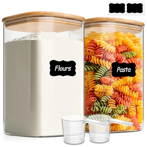 Glass Storage Jars with Bamboo Lids 4.6 Qt Square 2-Pack - Large Pantry Containers