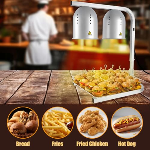 VORIGY Silver Food Heat Lamp with 2x 250W Bulbs, 5000+ Hour Lifespan, Adjustable Stand