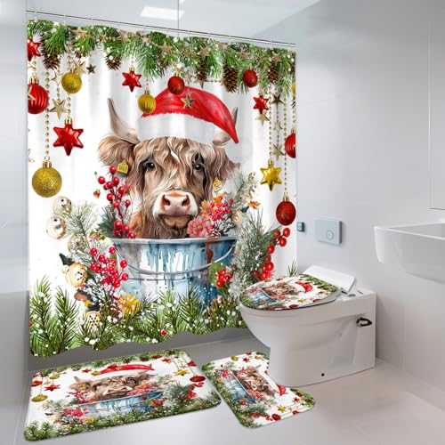 Sanzugh Christmas Highland Cow 4-Piece Bath Set with Rugs & Accessories (Green) – Shower Curtain, Bath Mat, U-Shaped Rug & Toilet Cover