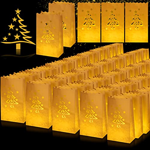 Sabary 100 Pack White Flame-Resistant Christmas Luminary Bags with Tree Cutouts, Reusable Paper Lanterns for Holiday Decor