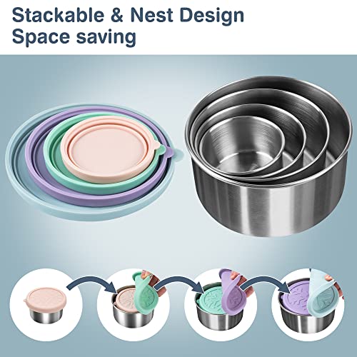 Homotte 4 Pack Stainless Steel Snack & Lunch Containers Set - Light Pink, Green, Purple, Blue, 4 Sizes