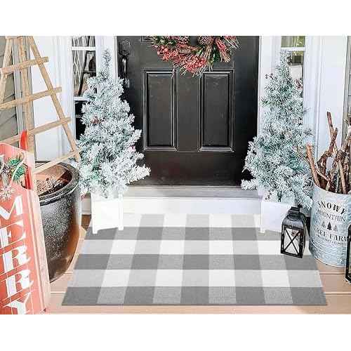 Door Mats Outdoor 24''X35'' Buffalo Plaid Front Porch Rug Cotton Woven Washable Fall Outdoor Rug Small Area Rug for Welcome Door Mat Entryway Dining Room Bedroom Living Room