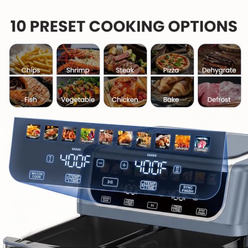 OLIXIS Dual Air Fryers with 2 Baskets 9.5 Qt Large Capacity 10-in-1, Grey / 16 x 14 x 11.5 inches