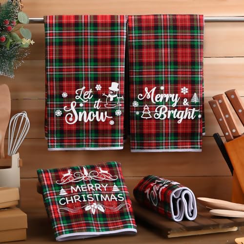 4 Pack Christmas Tartan Hand Towels Plaid Kitchen Dish