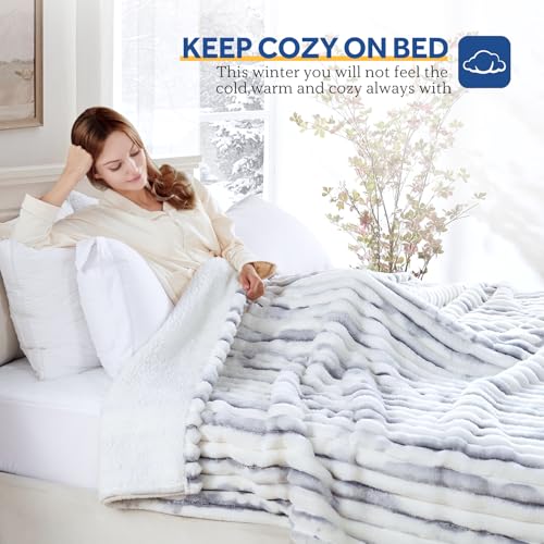 Queen Size Electric Blanket with Faux Fur & Sherpa - Blue White, 84x90 Inches - Safety & 10 Heat Levels