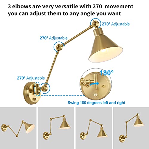 Gold Wall Sconce with Remote Control, Dimmable & Adjustable Color Temperature 2700K-6000K, Swing Arm Plug-In Light - 2 Pack
