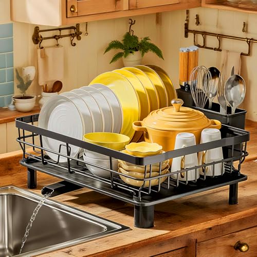 Kitchen Dish Drying Rack with Drainboard - Black, 13 x 17 Inches