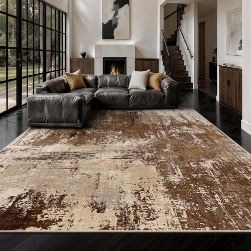 A-Brown 8x10 Modern Abstract Low Pile Washable Rug - Non Slip Large Floor Carpet for Living Room Bedroom