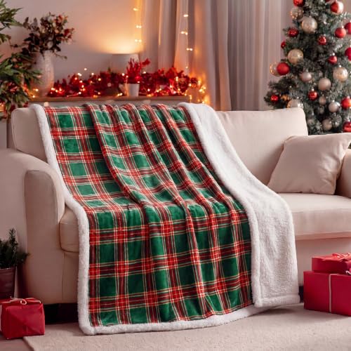 Fanfanwin Christmas Sherpa Throw Blanket, Tartan Plaid in Red & Green - 50x60