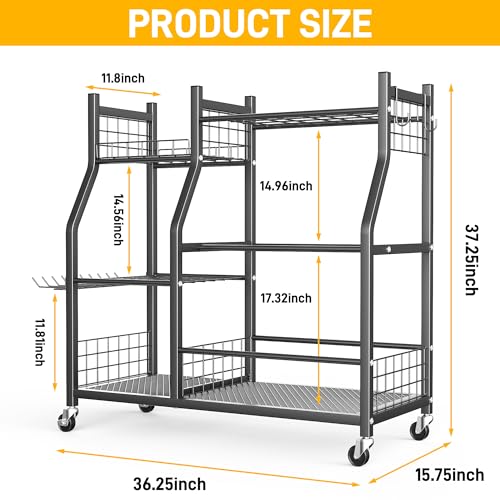 Large Garden Tool Organizer Stand with Wheels, Heavy Duty Steel Storage Rack
