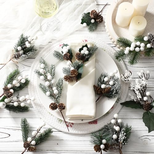 50 Pcs Christmas Floral Picks with Snowy Berry Stem - White (Zeyune)