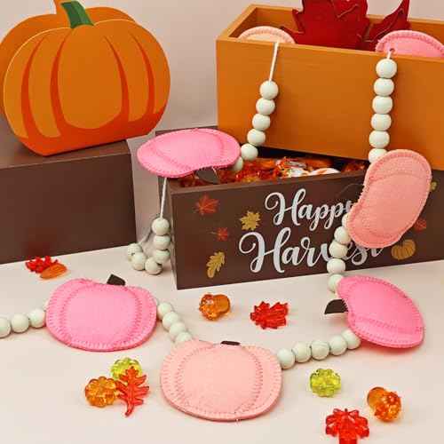 Fall Felt 3D Pumpkin Garland Pink Pumpkin Garland and Wood Bead for Fall Decor Autumn Decorations for Home Fall Pumpkin Banner for Mantle Home Wall Decor