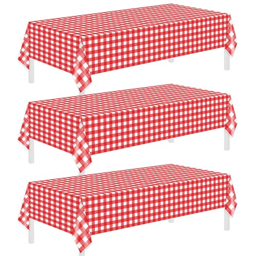 Childom 3 Pack Red and White Checkered Tablecloths 54"x108" Christmas Tablecloths for Rectangle,Disposable Plastic Table Cover for Weddings,Home,Birthday,Picnic,Buffet,Pizza Party,Racing Car Decors
