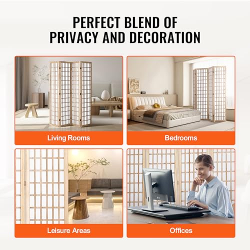 VEVOR 4 Panel Japanese Room Divider Natural Folding Privacy Screen Indoor & Office