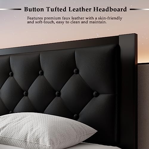 Twin Size Metal Bed Frame with Faux Leather Headboard - Black