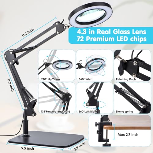 20-Inch Stand and Clamp LED Magnifying Desk Lamp with Real Glass Lens, Adjustable Light