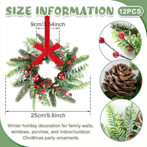 YLOLUL 12 Pcs Mini Christmas Wreaths with Ribbon - 9 Inch Holiday Kitchen Decorations