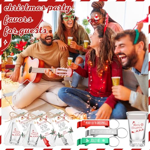 Roshtia 36 Sets Christmas Party Favors Acrylic Shot Glasses 1.2 oz with Bottle Opener Keychains and Greeting Cards