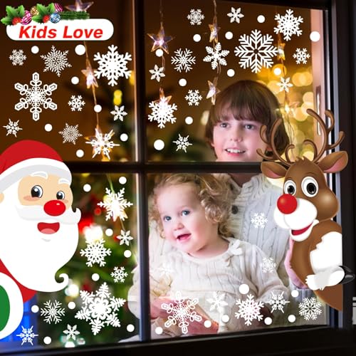 HINZER 310Pcs Christmas Window Clings Window Decorations Flakes Christmas Decals for Home Deer Santa Claus and Snowflakes