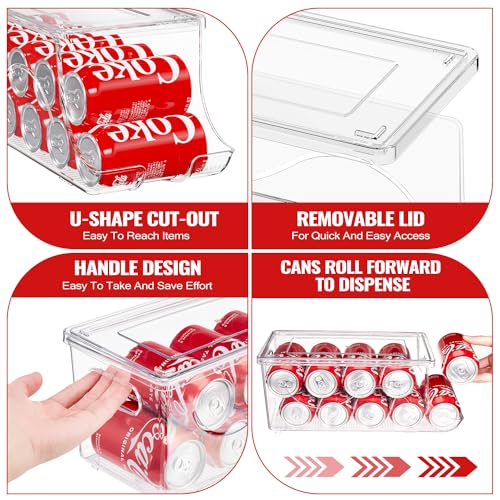 SCAVATA Transparent 4-Pack Stackable Refrigerator Can Organizer with Lids, Holds 10 Cans Each
