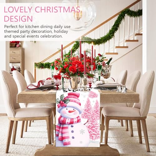 Pink Snowman Christmas Table Runner 13x72 Inch Holiday Decor for Dining