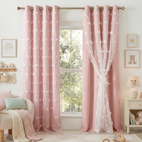 Pink Pom Pom Curtains for Girls Bedroom Nursery Room Darkening 52"W x 84"L - Pack of 2