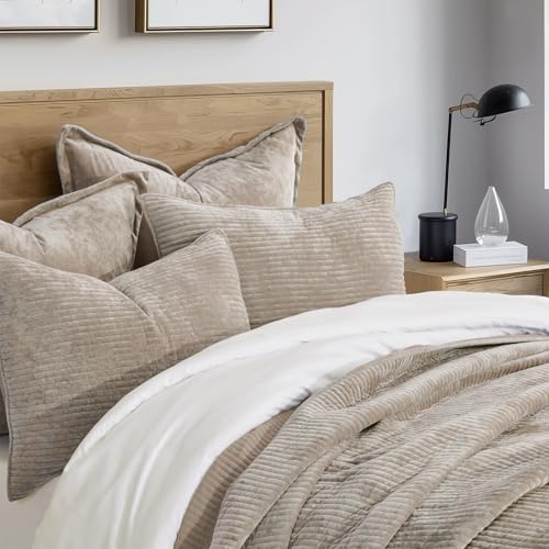 EverGrace Full/Queen Velvet Quilt Set with Channel Design - Urban Taupe, 90x92"