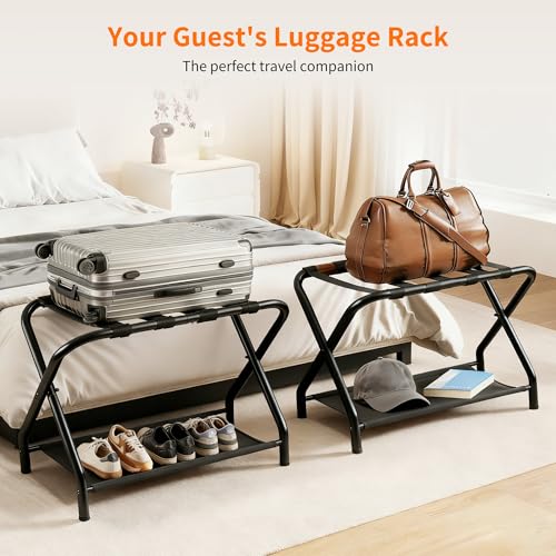 Heybly Black Luggage Rack for Guest Room with Storage Shelf - Pack of 2