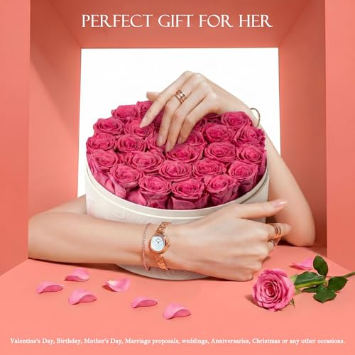 Pink Preserved Roses in Round Box - 27 Real Flowers Gift for Her