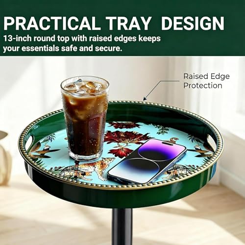 Gesodant Boho Single Leg Round Side Table with Tray Top - Green Leopard
