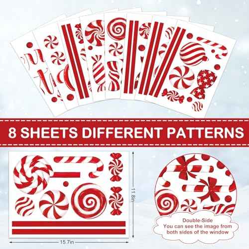 Christmas Window Clings Candy Cane Xmas Ball Window Stickers Red White Reusable PVC Window Decal for Winter Glass Mirror Decor, 8 Sheets