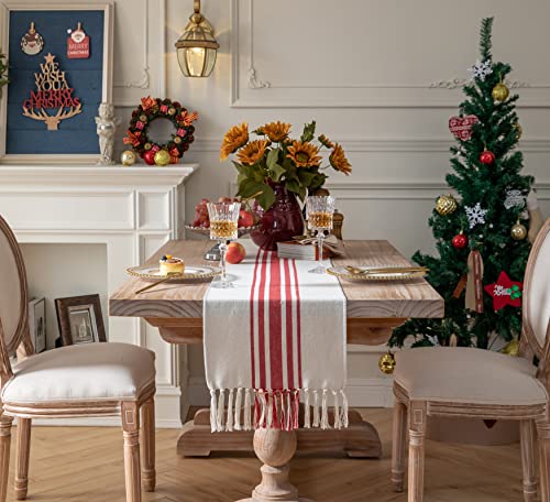 Caflife Christmas Table Runner 13x108 Inch Red Beige Boho Decor with Tassels - Holiday & Winter Dining Accessory