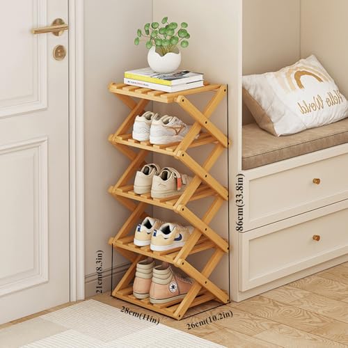 Wood 5-Tier Foldable Shoe Rack - Tall Narrow Organizer for Entryway, Closet, Bedroom