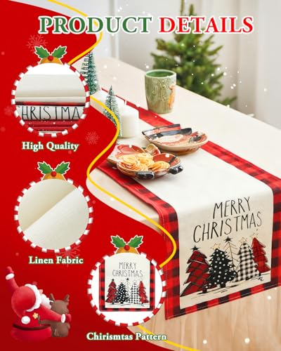 eZAKKA Buffalo Plaid Christmas Table Runner Set of 2 - 72in, Winter Holiday Indoor Decor (Black Tree)