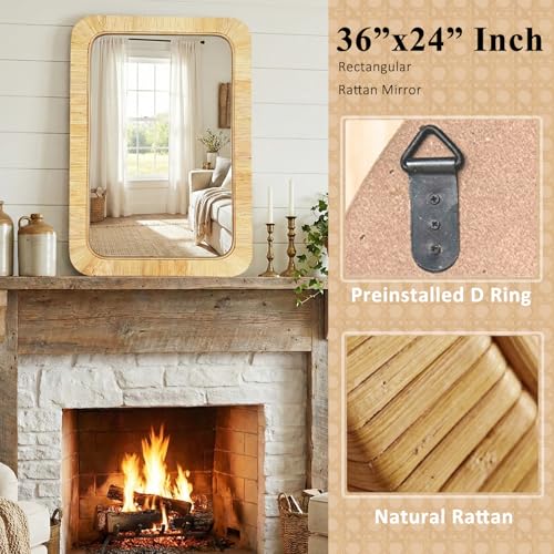 Inoseen Rattan Rectangular Wall Mirror 24x36 Boho Bathroom & Bedroom Decor