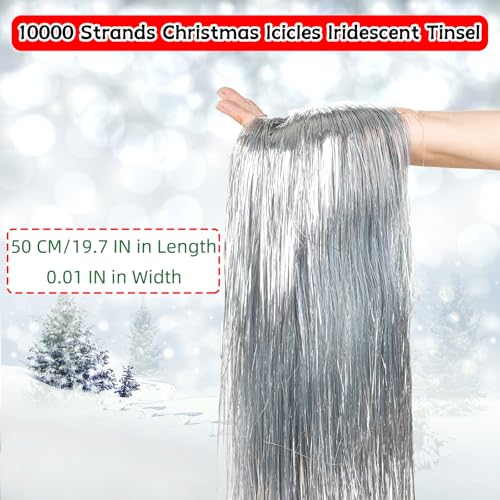 Silver Christmas Tinsel Icicles, 10,000+ Strands Metallic Foil Fringe Decorations