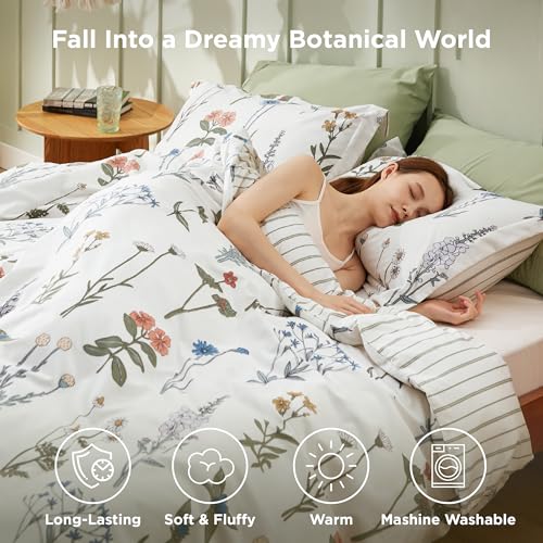 Bedsure Floral Queen Comforter Set - White Soft & Fluffy Fall Bedding, 3 Pieces