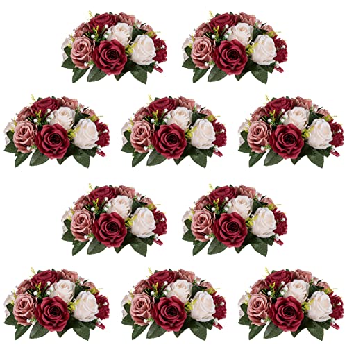 Artificial Flower Centerpieces - Fake Rose Balls with Patented Bases, 10 Pcs, Burgundy & White