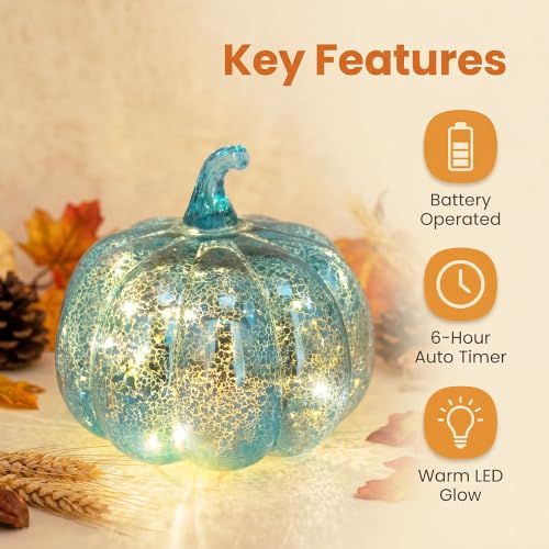 Mercury Glass Pumpkin Lights with Timer - Fall Halloween Thanksgiving Decor