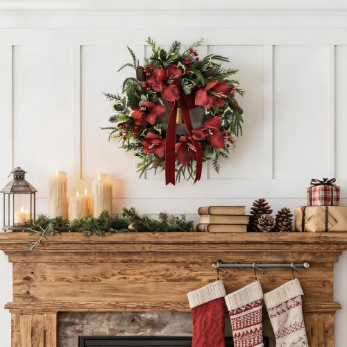 Outdoor Christmas Amaryllis Wreath with Gold Bell - 24 Inch Front Door Decor