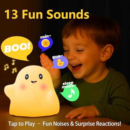 Halloween Cute Ghost Night Light for Kids-Touch+Squishy Silicone+2700k Eye-Safe LED+Fun Sounds,30-Min Timer,Dimmable,Nursery/Bedside/Bedroom Light - Gift for Boys&Girls&Baby&Toddler Cut Ghost Light