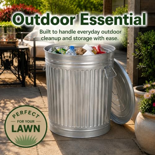 15 Gallon Galvanized Steel Trash Can with Lid Handles for Indoor & Outdoor Use - Weather-Resistant Storage Bucket