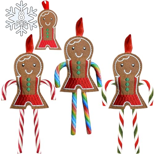 Set of 8 Felt Gingerbread Candy Cane Ornaments for Christmas Tree Decorations