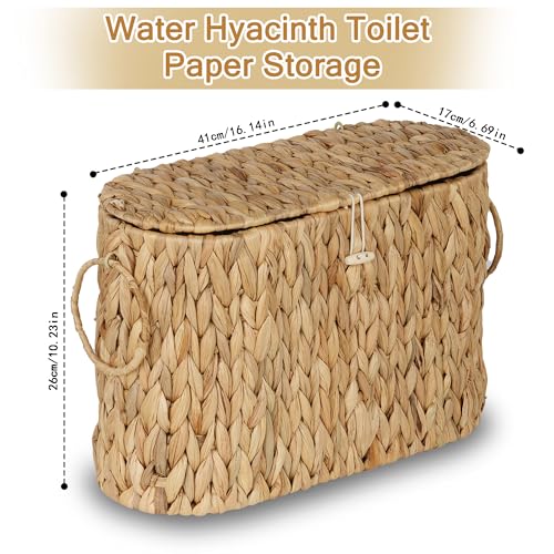 Water Hyacinth Toilet Paper Storage Basket with Lid - Slim Organizer Holds 9 Mega Rolls - Natural