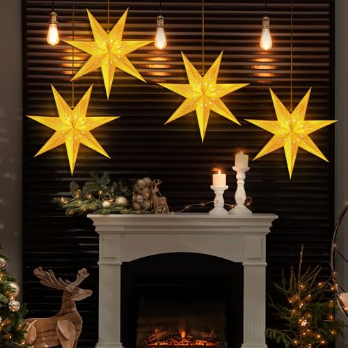 Hiboom 4 Pack 24 Inch Paper Star Lanterns with 8 Mode LED String Lights for Indoor Outdoor Decor, Wedding, Christmas, Party