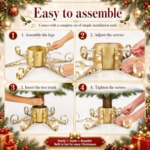 Heavy-Duty Christmas Tree Stand for Real & Artificial Trees Up to 10 Ft - Gold Metal Support