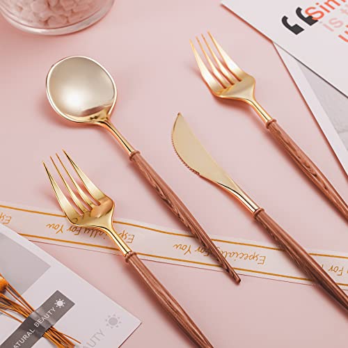 Lullaby 240PCS High End Gold Plastic Silverware with Wood Grain Handle