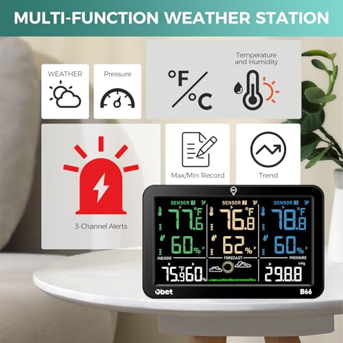 Wireless Weather Station with 3 Sensors, Large Color Display, Indoor Outdoor Temp & Humidity - Black Large