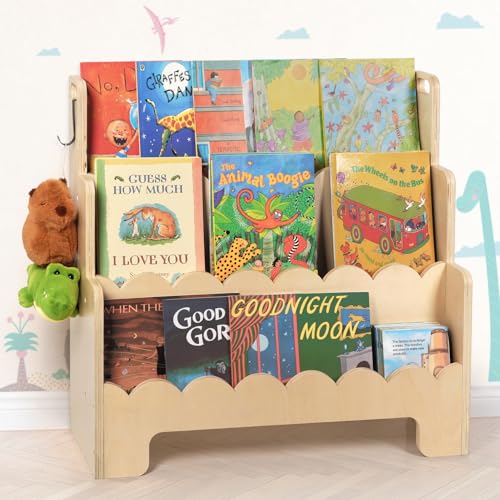 Tohiasen 3-Tier Kids Wooden Bookshelf, Scalloped Nursery Book Storage, Anti-Tip Design